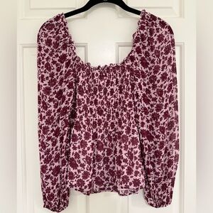 Vineyard vines - maroon floral smocked long sleeve top